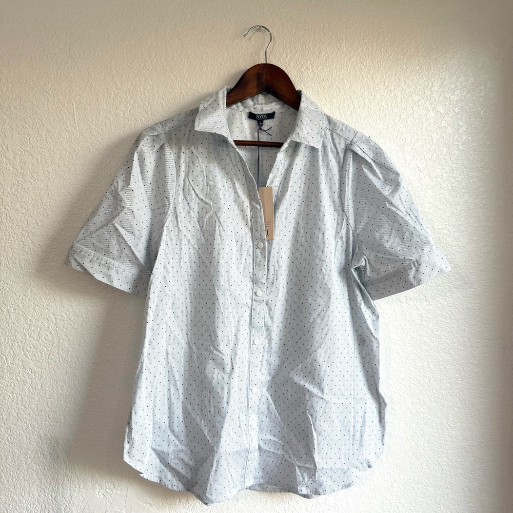 NYDJ Womens Shirt Blouse Blue White Stripe Polka Dot Button Up Size Small